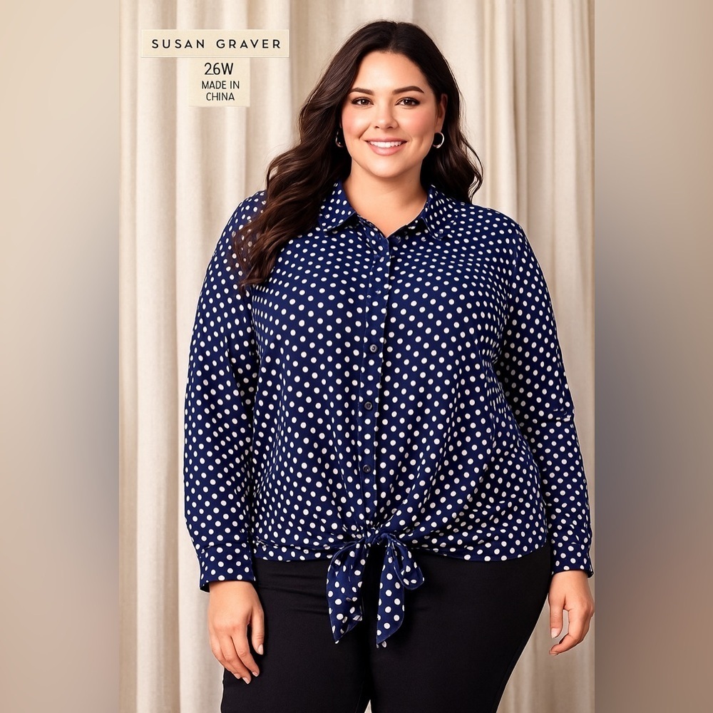 Susan Graver Plus Size 26W Navy White Polka Dot Tie Front Button Down Top